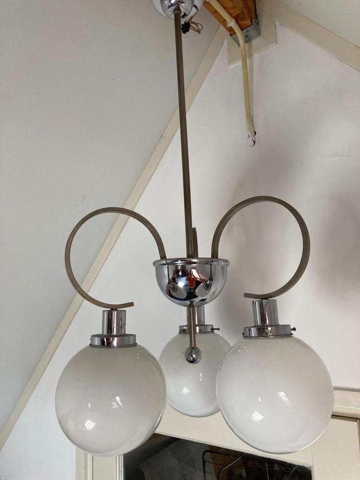 Art Deco Hanglamp, mogelijk GISO, Gispen., Huis en Inrichting, Lampen | Hanglampen, Gebruikt, 50 tot 75 cm, Glas, Metaal, Ophalen of Verzenden
