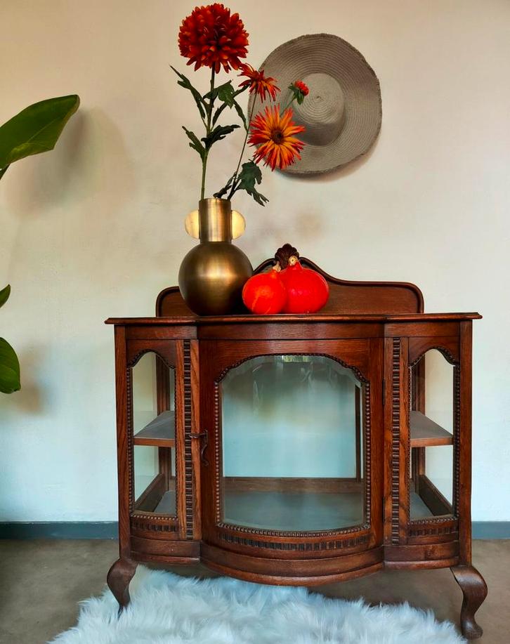 Art Deco theekastje / vitrinekastje – rond glas – eiken – ja, Antiek en Kunst, Antiek | Meubels | Kasten, Ophalen