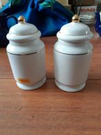 Paar witte potjes goudbies ca. 15 cm hoog en diameter 7,5 cm, Ophalen of Verzenden
