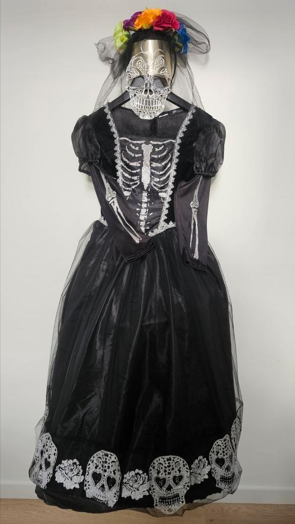 Halloween jurk mt 164 inclusief doodshoofd masker / diadeem, Kinderen en Baby's, Kinderkleding | Maat 164, Zo goed als nieuw, Ophalen of Verzenden