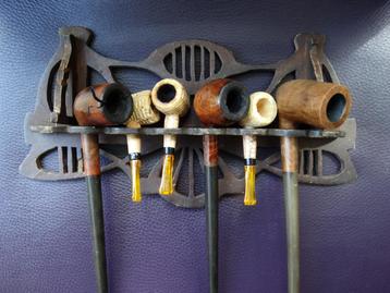 Art nouveau houten pijpenrek, tabakspijp rek met 6 pijpen beschikbaar voor biedingen