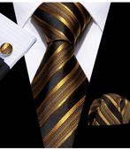 100% zijde Stropdas Pochet Manchetknopen Goud Zwart -NIEUW-, Ophalen of Verzenden, Nieuw, Overige kleuren, Met patroon