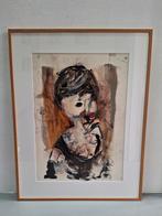 Guy Olivier schilderij dame met wijnglas achter glas 72x92cm, Ophalen