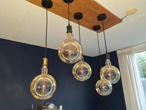 Moderne Hanglamp met Grote Lampen, Huis en Inrichting, Lampen | Hanglampen, Zo goed als nieuw, 75 cm of meer, Glas, Hout, Ophalen