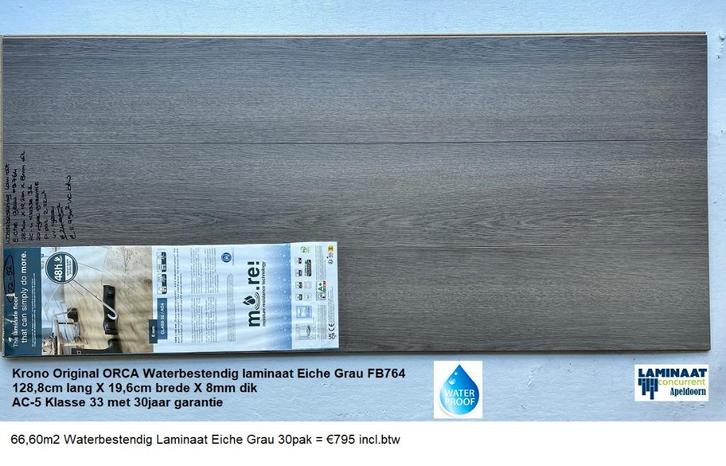 66,60m2 Waterbestendig Laminaat Eiche Grau 30pak = €795, Huis en Inrichting, Stoffering | Vloerbedekking, Nieuw, Laminaat, Grijs