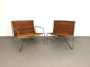 zeldzame set lounge stoelen met riet met stalen frame 1960 beschikbaar voor biedingen