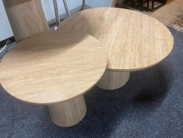 Travertin Bijzettafel Set - 70 & 50 cm, Huis en Inrichting, Tafels | Bijzettafels, Nieuw, Rond, 45 tot 60 cm, Minder dan 55 cm