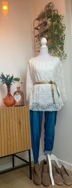 Romantische kanten blouse met siermouw & lint, mt S-M-L, Ophalen, Zo goed als nieuw, Maat 38/40 (M), Wit