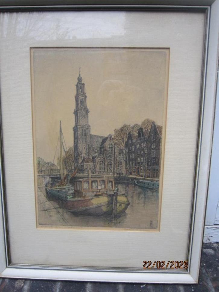Westertoren e.o Amsterdam, Mooie Kleurets Mar. Janssen, Antiek en Kunst, Kunst | Etsen en Gravures, Ophalen of Verzenden