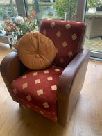 Stijlvolle fauteuil met lederen frame en stoffen bekleding, Huis en Inrichting, Fauteuils, Ophalen, Gebruikt, Leer, 75 tot 100 cm