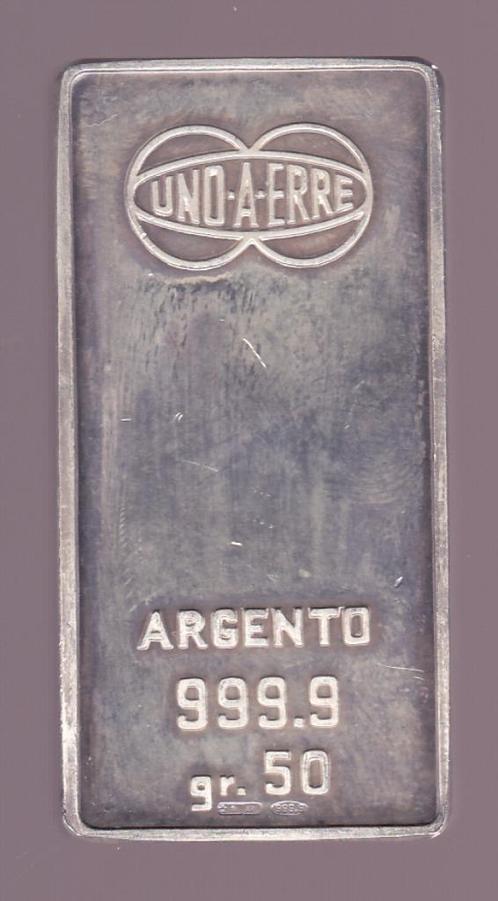 Mooi zilverbaartje van 50 gram UNO-A-ERRE / Deca, Postzegels en Munten, Edelmetalen en Baren, Zilver, Ophalen of Verzenden