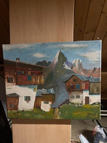 Vintage olieverfschilderij – landschap met houten huisjes beschikbaar voor biedingen