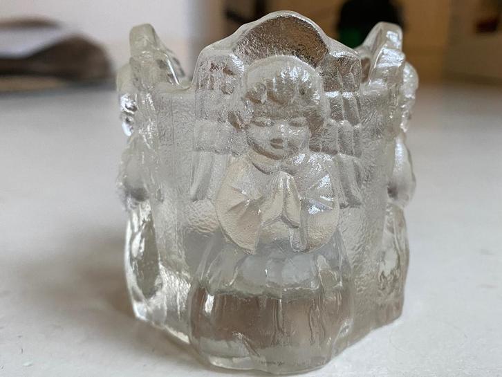 Nybro Zweden vintage Kerst waxinelichthouder glas engelen, Diversen, Kerst, Zo goed als nieuw, Ophalen of Verzenden