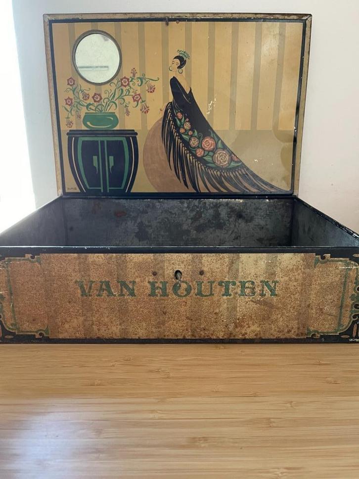 Antiek blik van Van Houten met sleutel Jugenstill, Verzamelen, Blikken, Gebruikt, Overige, Overige merken, Ophalen of Verzenden