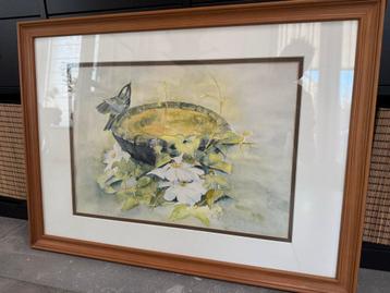Klassiek Schilderij Vogel bij Vogelbad Ingelijst beschikbaar voor biedingen