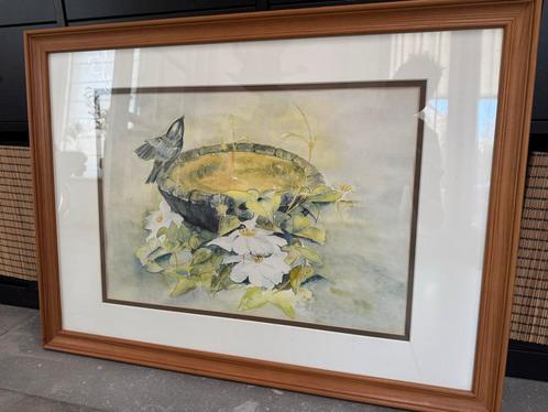 Klassiek Schilderij Vogel bij Vogelbad Ingelijst, Antiek en Kunst, Kunst | Schilderijen | Klassiek, Ophalen of Verzenden