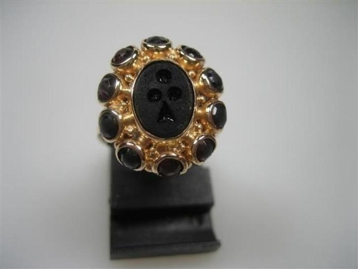 Antieke geelgouden 14 karaat ring met Onyx Granaat, Sieraden, Tassen en Uiterlijk, Antieke sieraden, Ring, Goud, Met edelsteen
