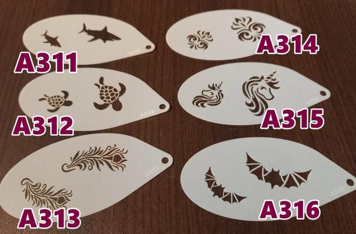 schminksjabloon 1,25pst haai schilpad veer vleermuis eenhoor, Hobby en Vrije tijd, Feestartikelen, Nieuw, Schmink, Overige, Ophalen of Verzenden