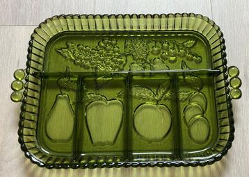 Glazen vintage groene Partyschaal met 5 verdeelvakken fruit beschikbaar voor biedingen