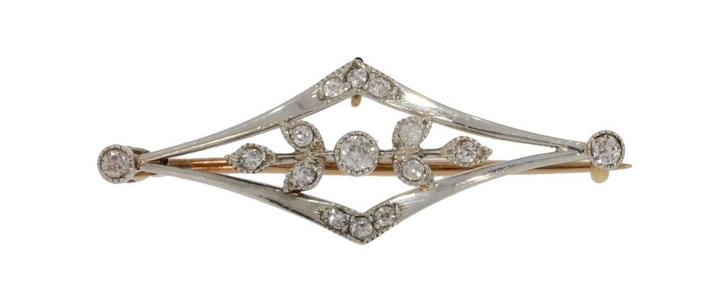 Belle Epoque antieke diamanten 14k gouden broche bicolor, Sieraden, Tassen en Uiterlijk, Antieke sieraden, Broche, Goud, Met edelsteen