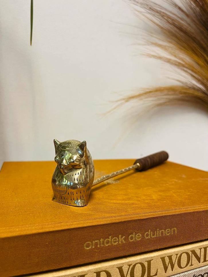 Vintage Koper messing kaarsendover uil vogel houten handvat, Antiek en Kunst, Antiek | Koper en Brons, Ophalen of Verzenden