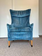 Giorgetti fauteuil – turquoiseblauw velours, vintage, Huis en Inrichting, Fauteuils, Ophalen, Hout, Gebruikt, Modern klassiek