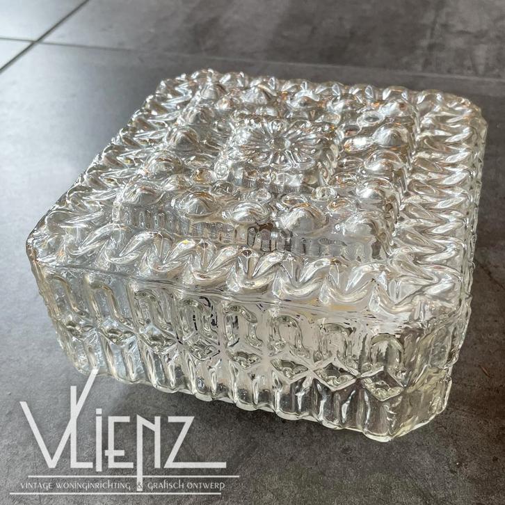 Vintage, retro glazen plafonnière, plafondlamp vierkant, Huis en Inrichting, Lampen | Plafondlampen, Gebruikt, Glas, Metaal, Ophalen of Verzenden