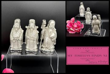 Vintage Chinese Fu, Lu and Shou Pewter figuurtjes - K4A beschikbaar voor biedingen