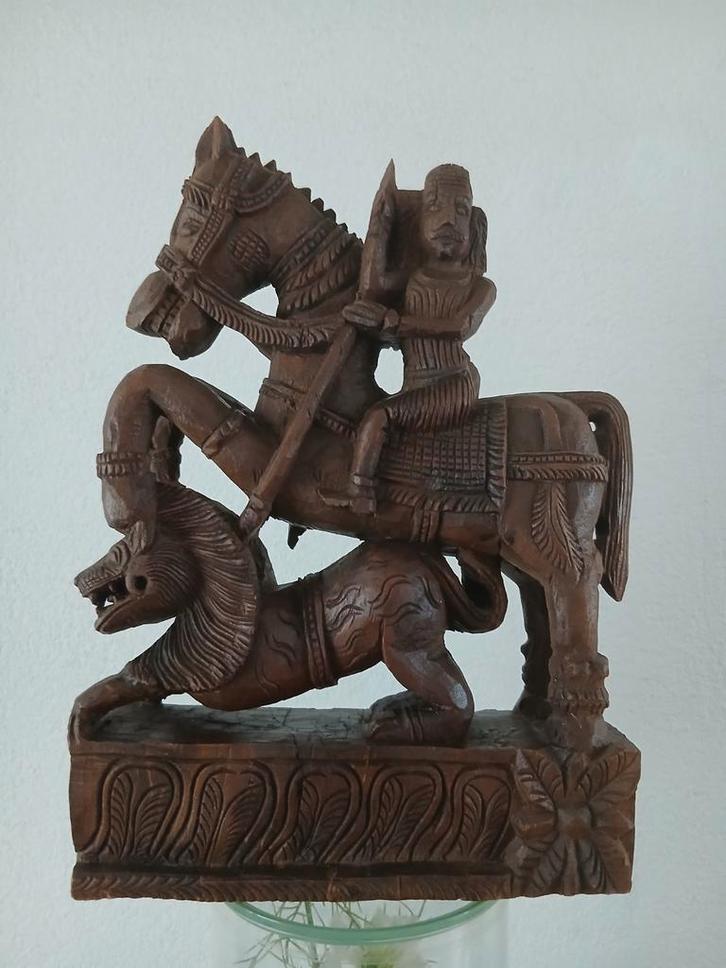 India Tamil houten beeld Ayyanar te paard tweekoppige leeuw, Antiek en Kunst, Kunst | Niet-Westerse kunst, Ophalen of Verzenden