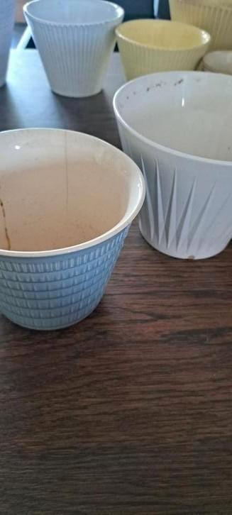 Vintage retro jaren 60 bloempotten blauw en wit, Verzamelen, Retro, Ophalen