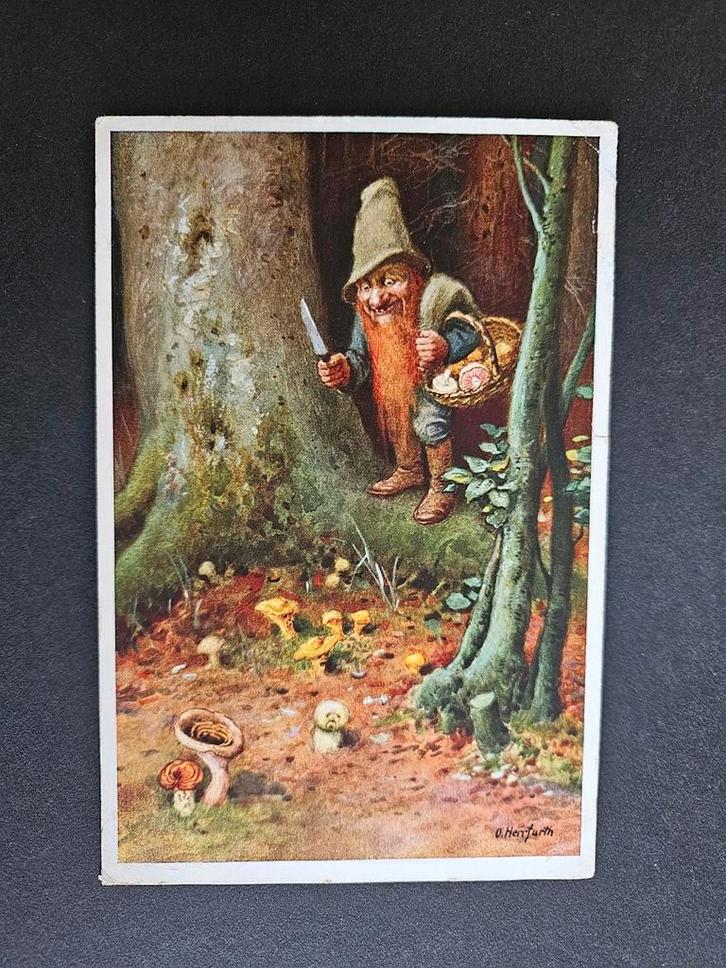 Oude Prentkaart Kabouter met Paddenstoelen, Verzamelen, Ansichtkaarten | Buitenland, Ongelopen, Verzenden