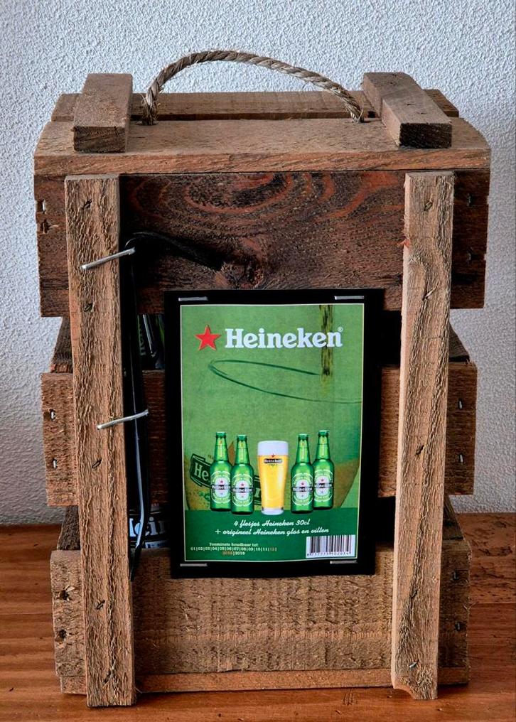 Te koop nieuwe bierbox Heineken bier met breekijzer en glas, Antiek en Kunst, Antiek | Spiegels, Minder dan 50 cm, Rechthoekig