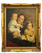 Moeder met kinderen –Olieverf op doek, gesigneerd, Antiek en Kunst, Kunst | Schilderijen | Klassiek, Ophalen