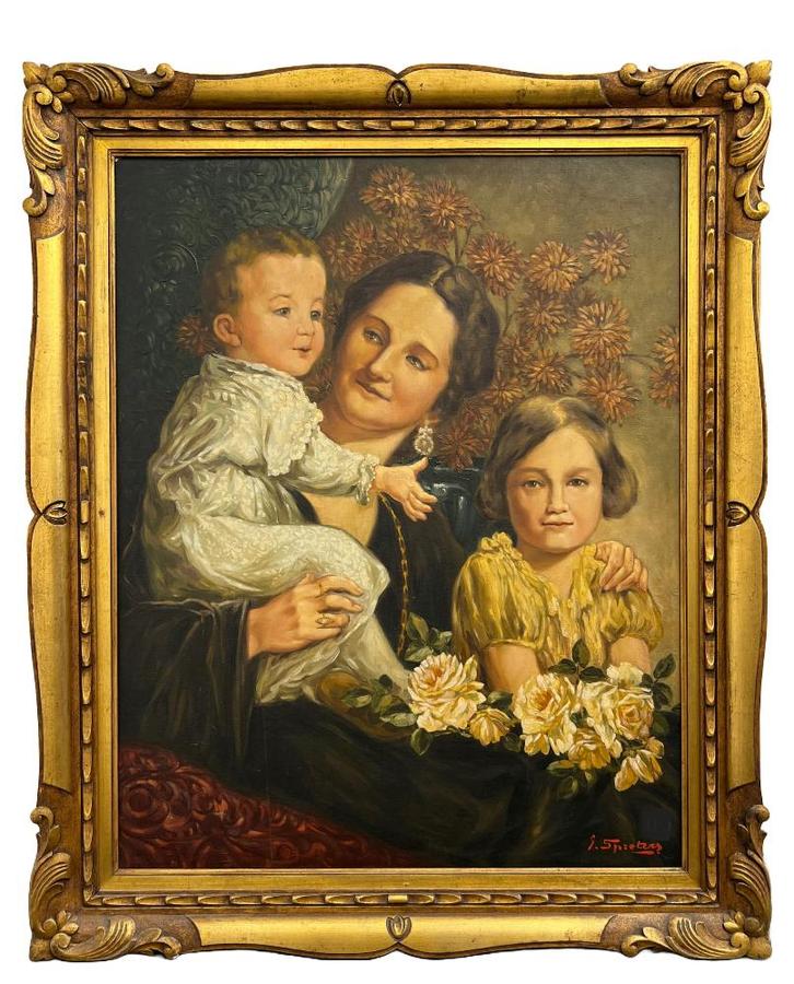 Moeder met kinderen –Olieverf op doek, gesigneerd, Antiek en Kunst, Kunst | Schilderijen | Klassiek, Ophalen