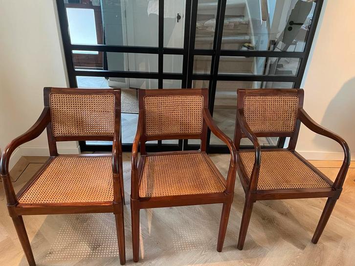 6 Vintage Eetkamerstoelen met webbing zitting en rugleuning, Huis en Inrichting, Stoelen, Gebruikt, Vijf, Zes of meer stoelen
