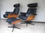 NIEUWSTAAT set Conform Time out zwart leer / noten + hocker, Huis en Inrichting, Fauteuils, Metaal, 75 tot 100 cm, Ophalen of Verzenden