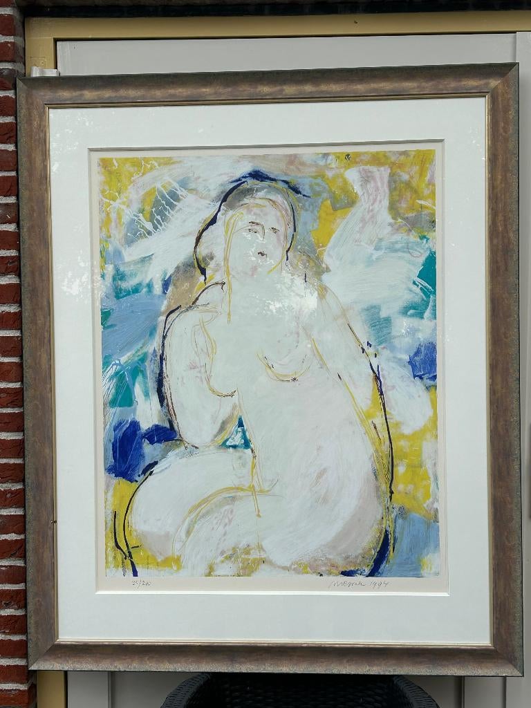 Nic Jonk kleurenlitho zeefdruk zittend vrouwelijk naakt, Ophalen