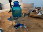 Glazen blauwe vaas met deksel, stier, dolfijn en paard, Antiek en Kunst, Antiek | Glas en Kristal, Ophalen