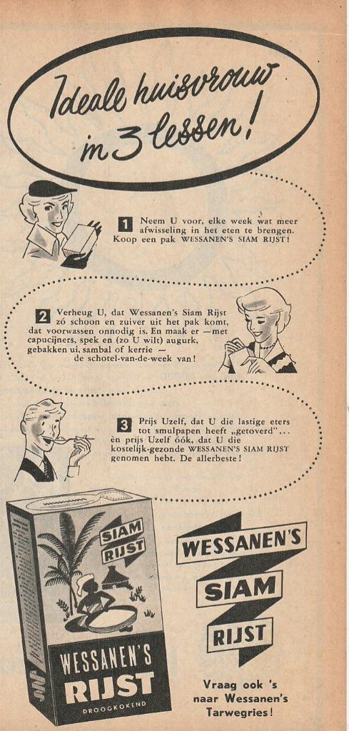 Retro reclame 1952 Wessanen rijst Siam 3 lessen, Verzamelen, Retro, Overige typen, Verzenden