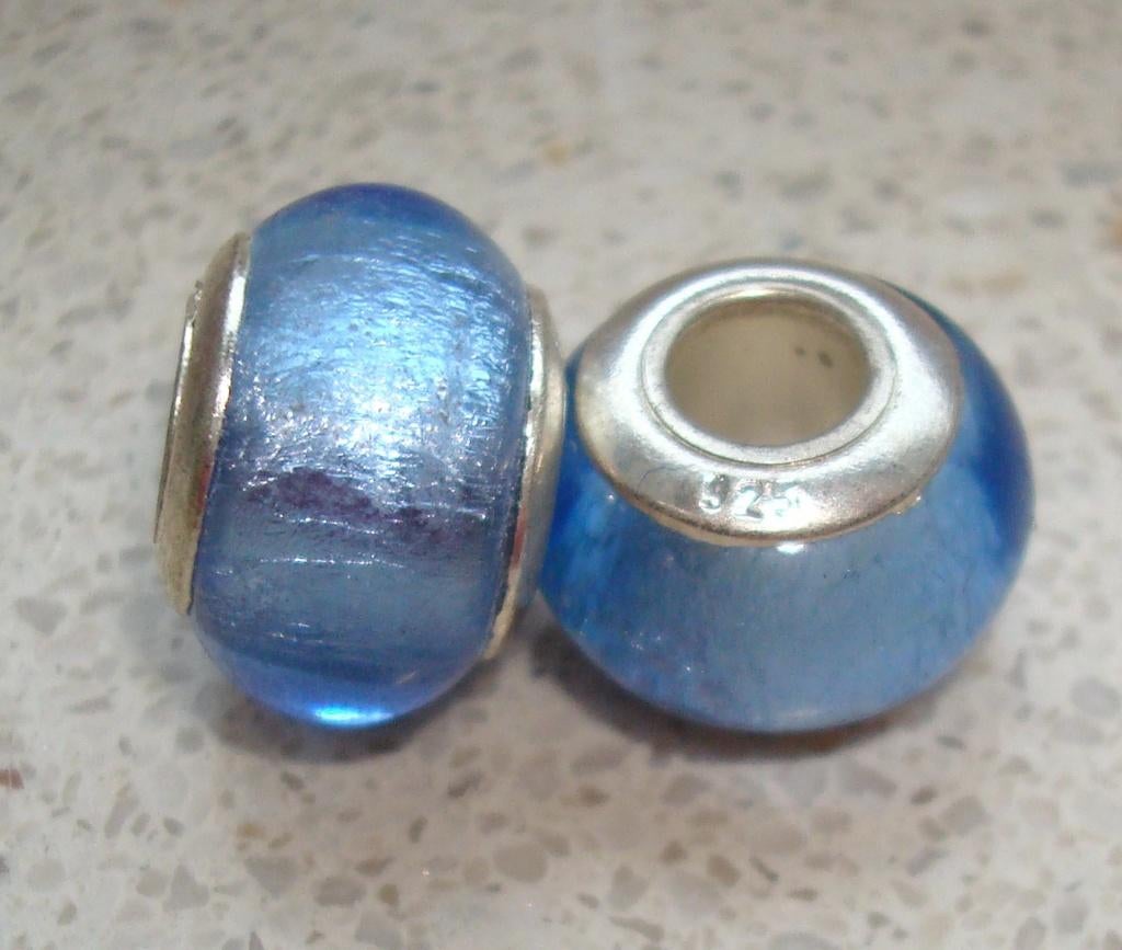 SALE: 925 Sterling zilveren glasbedel blauw zilverfolie, Sieraden, Tassen en Uiterlijk, Bedels, Overige merken, Glas of Kristal