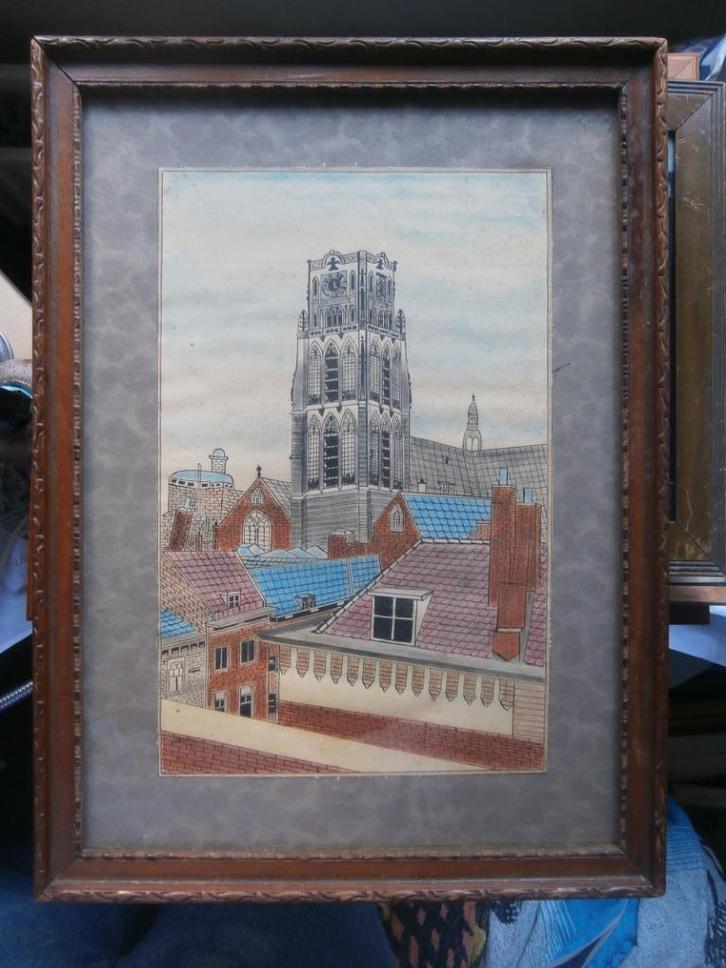 Mooie Kleuren tekening v/d Laurenskerk Rdam Met huizen, Antiek en Kunst, Kunst | Tekeningen en Foto's, Ophalen of Verzenden