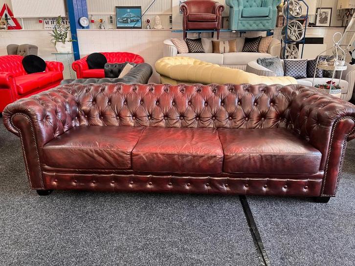Chesterfield Maarssen !! 3.5 Zits Oxblood Leren Chesterfield, Huis en Inrichting, Banken | Bankstellen, Zo goed als nieuw, Rechte bank
