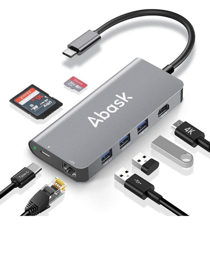 Abask 8-in-1 USB-C Hub Adapter, Computers en Software, Dockingstations, Nieuw, USB-hub, Laptop, Ophalen of Verzenden