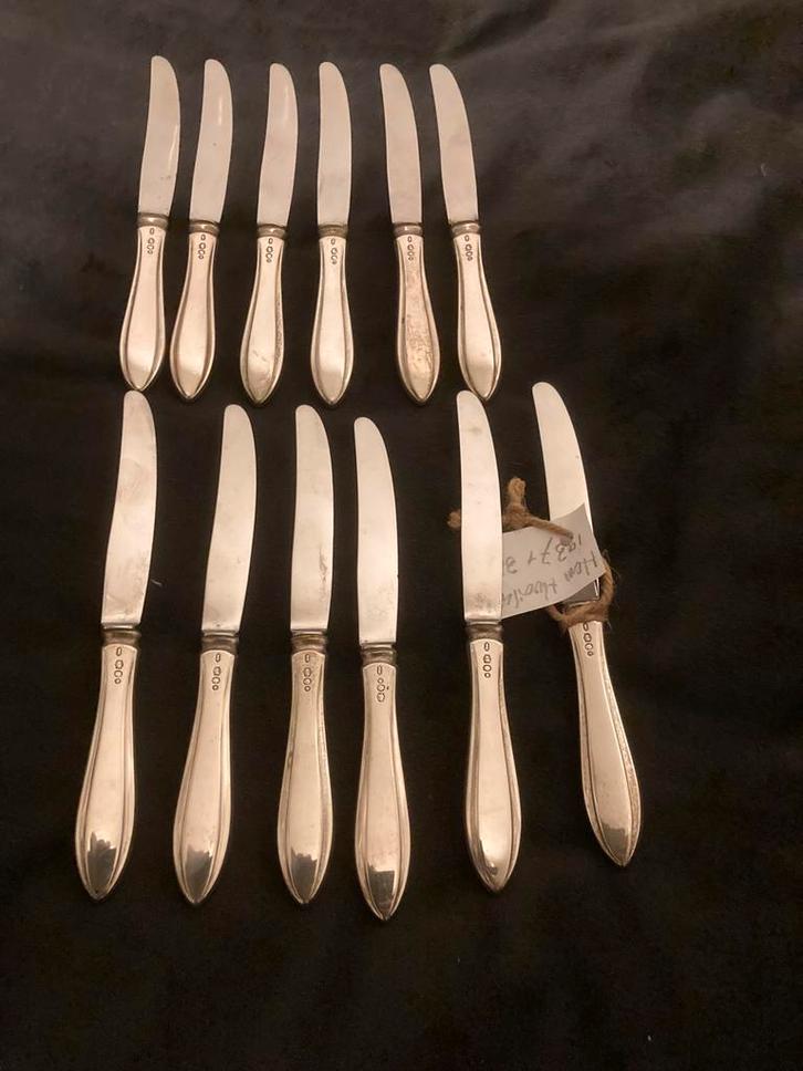 12 Zilveren Puntfilet Fruitmesjes, Antiek en Kunst, Antiek | Goud en Zilver, Zilver, Ophalen of Verzenden