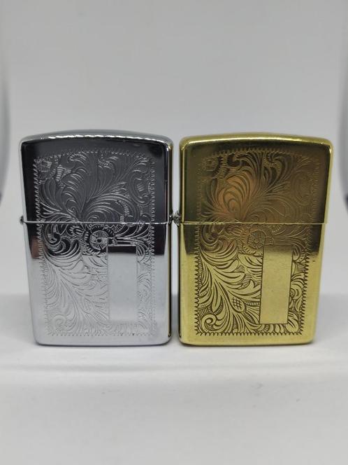 2x Zippo Venetian Brass & Chrome - 1990 & 1991, Verzamelen, Rookartikelen, Aanstekers en Luciferdoosjes, Gebruikt, Aansteker, Ophalen of Verzenden