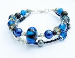 Blauwe Ibiza armband met 2 rijen en lampwork glaskraal, Ophalen of Verzenden, Nieuw, Blauw, Zilver