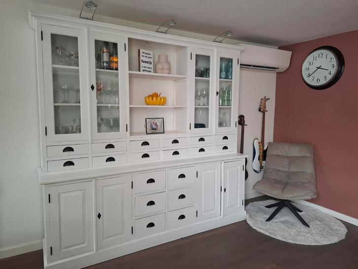 Teakhouten Wandkast - Wit - Gebruikssporen, Huis en Inrichting, Kasten | Buffetkasten, Gebruikt, 200 cm of meer, 200 cm of meer