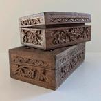 2 handgesneden houten kistjes, Huis en Inrichting, Woonaccessoires | Kisten, Ophalen of Verzenden, Zo goed als nieuw, Minder dan 50 cm