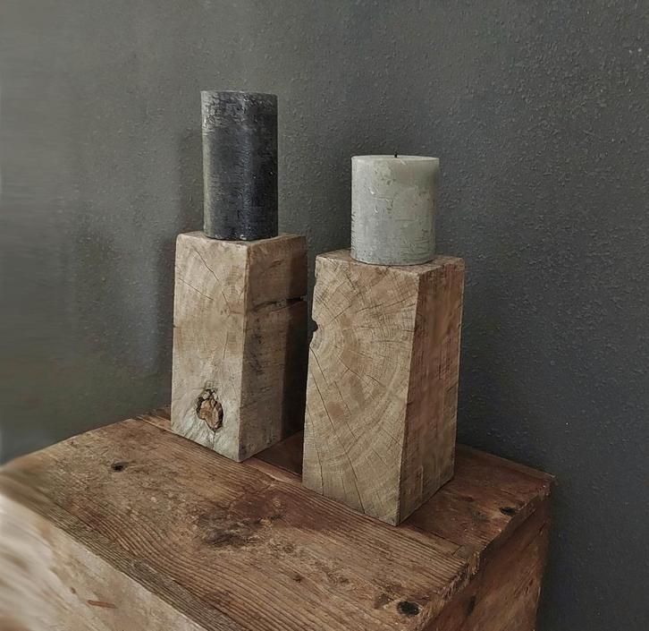 Blok Kandelaars set Rustiek Eiken houten balken landelijk, Huis en Inrichting, Woonaccessoires | Kandelaars en Kaarsen, Nieuw