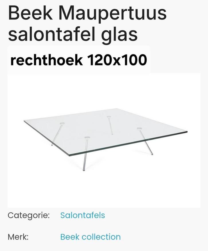 Beek Maupertuus Glazen Salontafel 120x100, Huis en Inrichting, Tafels | Salontafels, Gebruikt, Minder dan 50 cm, 50 tot 100 cm